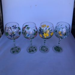 Sonoma 4 hand-painted wine glasses flowers and nature