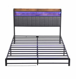King Size Metal Platform Bed Frame with LED Headboard & Charging Station