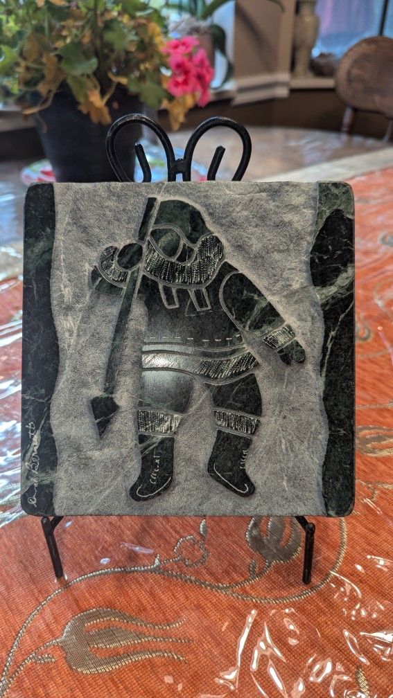 David Bernett Signed Carved Green Marble Sculpture "Inuit Hunter"