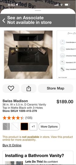 Swiss Madison 36in Ceramic Vanity Top Matte Black