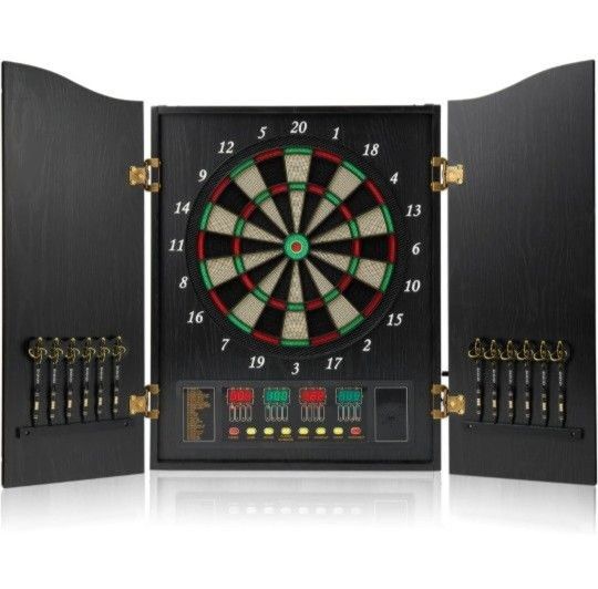Dart Board, Decorative Dart Board Cabinet Set [12*Soft Tip Darts], Electronic Dart Board - Wooden Cabinet Doors with Integrated Scoreboard 