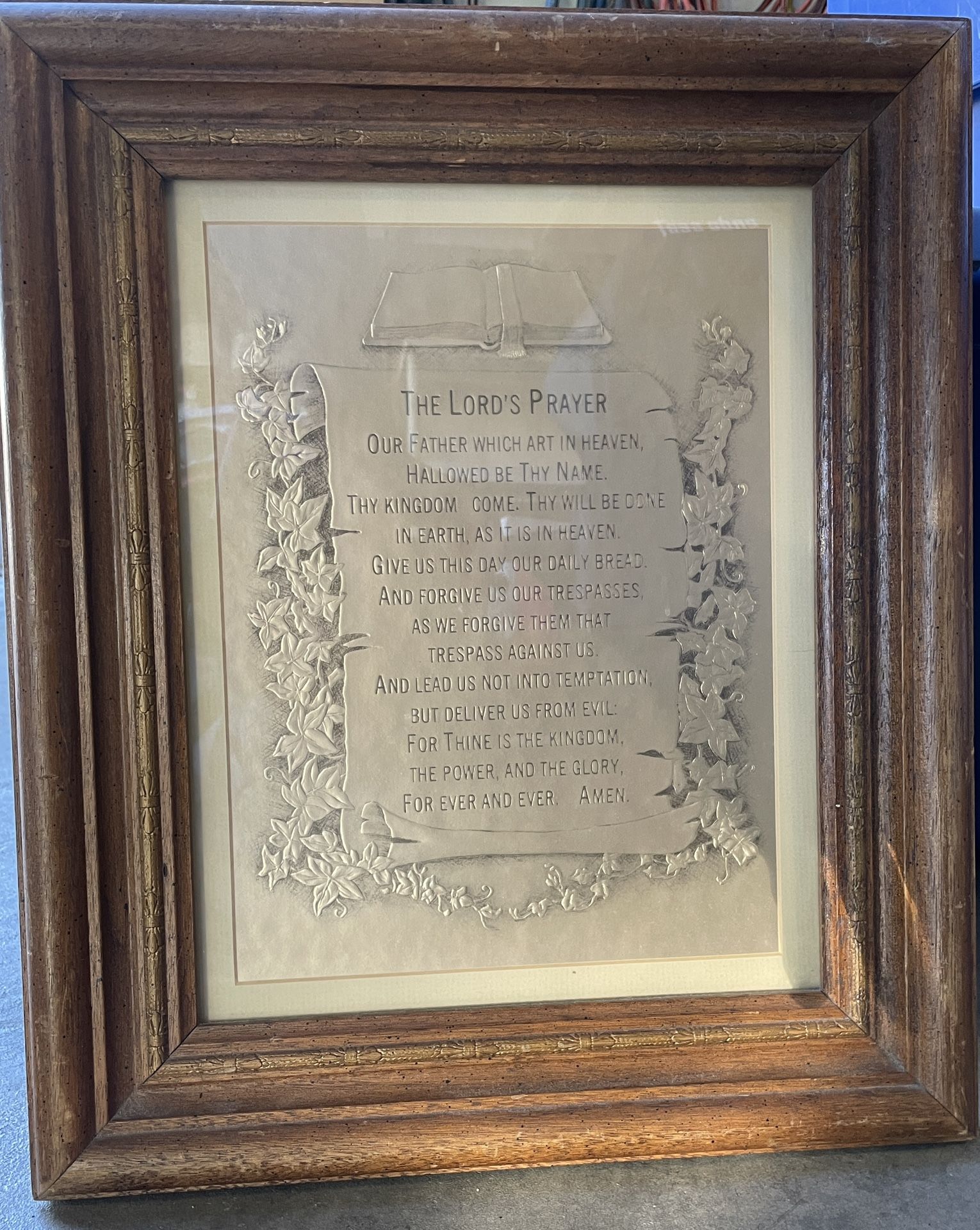Vintage Wood Glass Framed Home Interiors The Lords Prayer Gold Foil Print 19x16