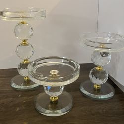  Set Of 3 Crystal Glass Pillar Candlestick Holders