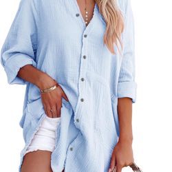siliteelon Women's Button Down Shirt Dresses with Pockets Cotton Button Up Tunics Long Sleeve V Neck Solid Frayed Blouse Tops ( small)( please follow 