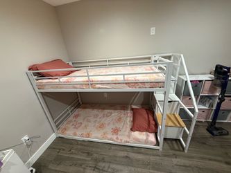 White Metal Twin Bunk Bed with Stairs