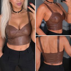 Brown Faux Leather Bustier Crop Top M NWT | Modern Glam Minimalist Chic