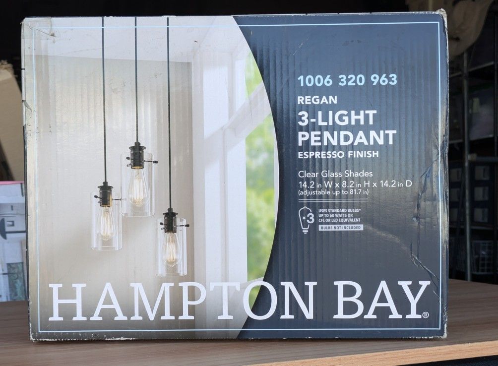 Hampton Bay Regan 3-Light Espresso Pendant Hanging Light with Clear Glass Shades, Industrial Kitchen Pendant Lighting
