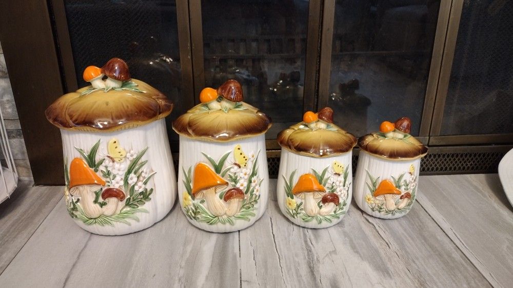 Vintage 1970's Kimco Sun Fashion Mushroom Canister Set Retro Butterfly