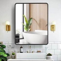 New 24 Inch x 30 Inch Black Metal Framed Bathroom Mirror Medicine Cabinet Rectangle Tilting