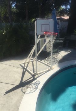 Custom built pool side basketball hoop