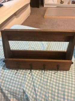 Wooden Wall Shelf with 4 Hooks