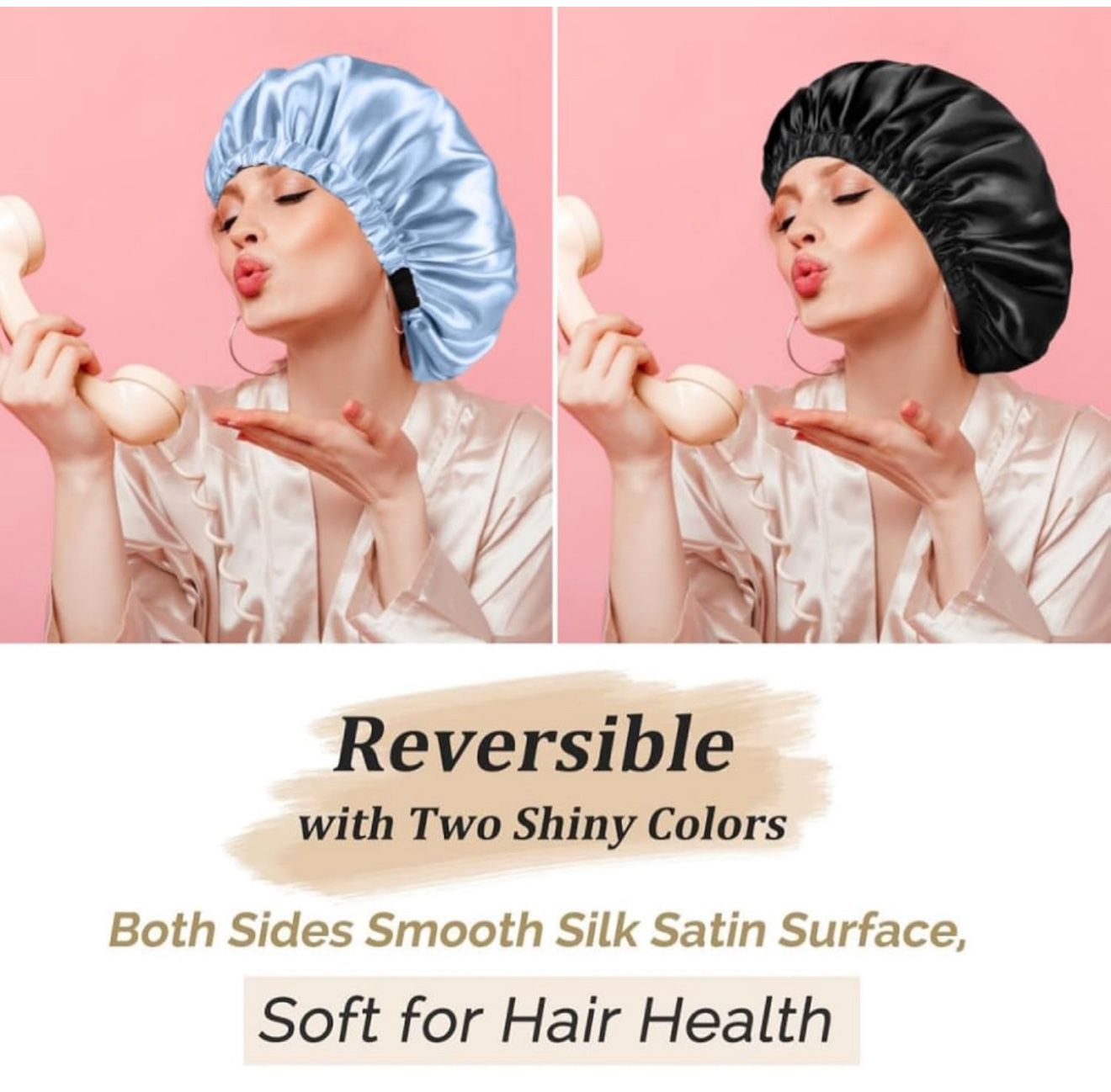Satin Bonnet Silk Bonnet for Sleeping Women and Men, Ajustable Hair Bonnet for Curly Hair with Double Layer Hair Bonnet Light Blue - Black