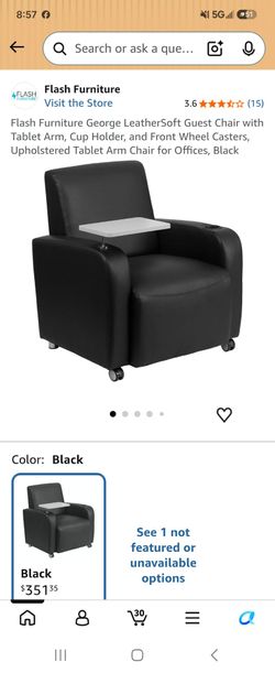 New black leather armchair guest chair with tablet table and cup holder IN BOX