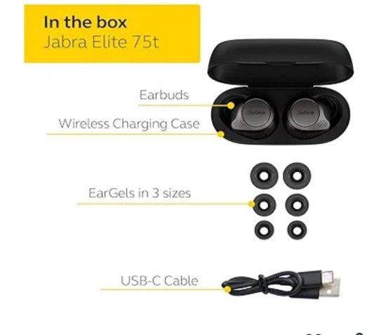 Jabra Elite 75t– True Wireless Earbuds with Charging Case, Titanium Black – Active Noise Cancelling Bluetooth Earbuds with a Comfortable, Secure Fit,