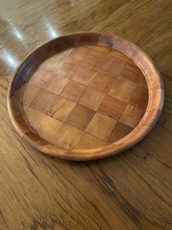 Vintage Wooden Round 13” Serving Tray with Checkered Pattern