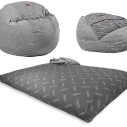 Chenille Bean Bag Chair, Convertible Chair Folds from Bean Bag to Lounger, As Seen on Shark Tank, Charcoal - Queen Size