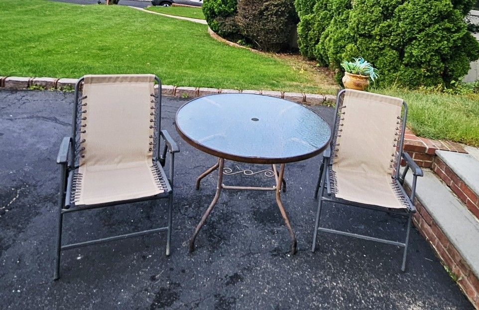 3pc. Outdoor Patio Dining Table Round Metal Glass Top 2 Folding Chairs Armchairs Porch Backyard Garden Deck Gazebo