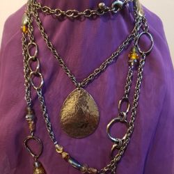 Chico's 3 Strand Metal Pendant Necklace Adustable Lobster Claw Clasp Goldtone Bronze Silver  36"   F9