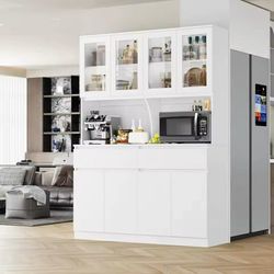 75" x 55" Kitchen Pantry Storage Cabinet with Glass Doors and Drawers, Wide China Cabinet Hutch