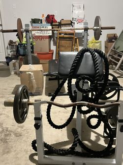 Weight Bench, Curl bar, Curl Machine, And Weights