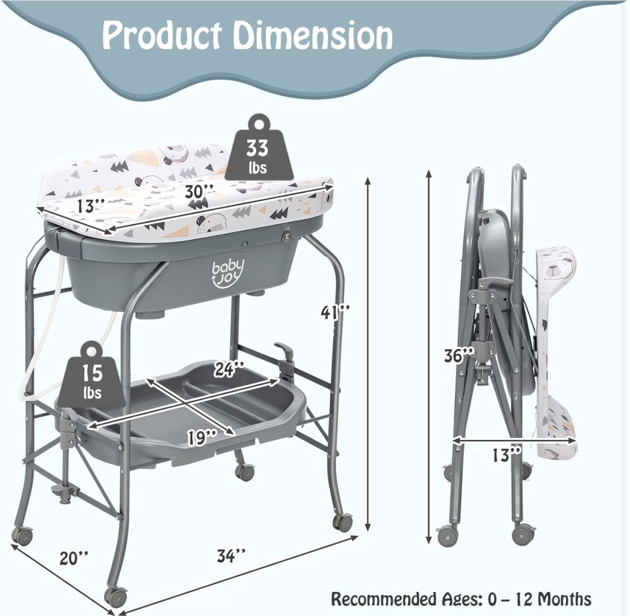 BABY JOY Baby Bathtub with Changing Table, Foldable Infant Diaper Changing Station with Storage Tray, Waterproof Pad, Portable Newborn Nursery Organiz