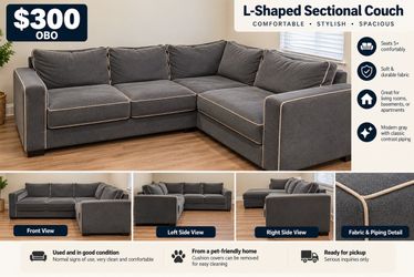 L-Shaped Gray Fabric Sectional Couch