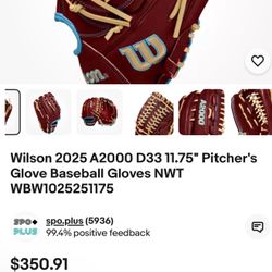 Wilson 2025 A2000 D33 11.75" Pitcher's Glove Baseball Gloves NWT ($100 OFF!!!)