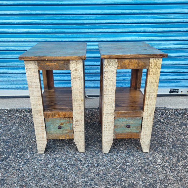 2 International Furniture Direct multicolor nightstands. Each one measures approx: 14" wide 
