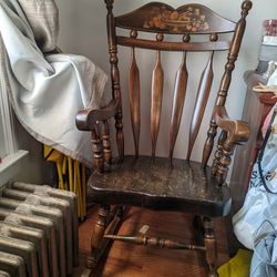 Vintage Wood Rocking Chair With Stenciled Fruit Patter 