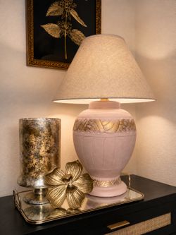 ✨ Elegant Blush Pink Ceramic Table Lamp with Gold Accents