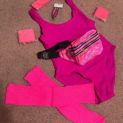 New Medium 80s Neon Pink Costume Outfit Festival Rave Bodysuit One Piece Swimsuit Fanny pack 