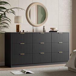 Fluted 9-Drawer Black Dresser / Double Chest of Drawers