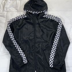 Womens Beautiful Giant White & Black Checkered Sleeve Zip Up Windbreaker Jacket Sz L/Large