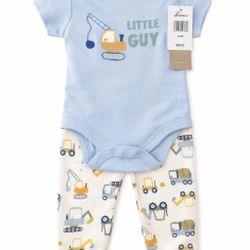 Baby Boy Outfit Set 0-3M | Construction Print Pants + “Little Guy” Bodysuit | New with Tag