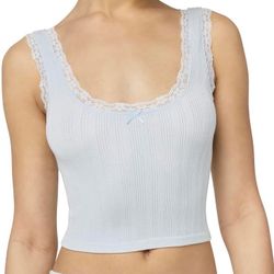 Cream Ribbed Lace Trim Crop Tank Top