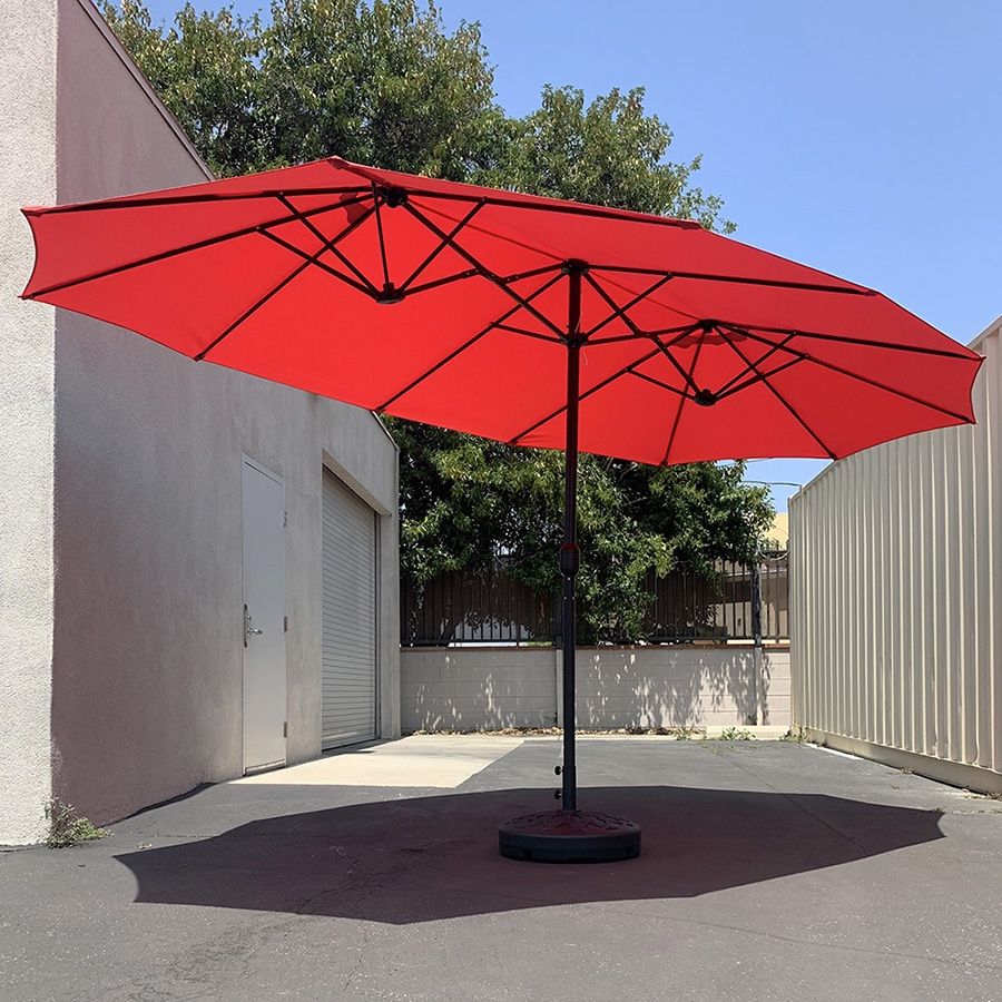 (NEW) $130 Large 15FT Double Sided Outdoor Umbrella w/ 65 LBS Plastic Weight Base (Red/Gray) 