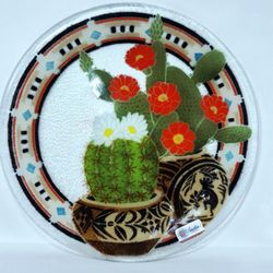 Signed Peggy Karr Fused Art Glass Blooming Cactus Plate