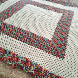 Afghan New Hand Crocheted Afghan Acrylic Machine Wash/Dry 56 x 56 hand Crocheted Afghan. Made from Caron Sayelle white and Loops & Threads multi color