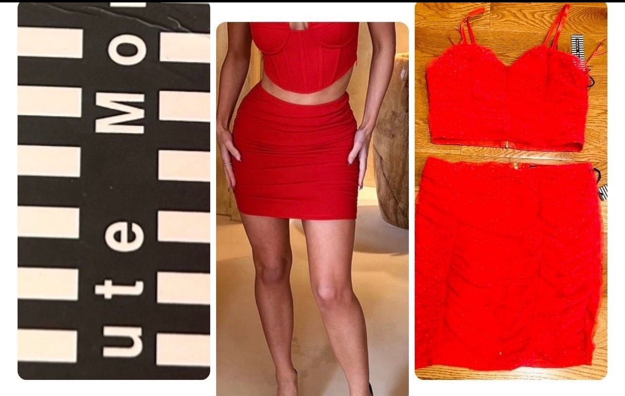 Haute Monde NWT SEXY Swiss dot RED rushed meshed Two pieces Sets Top and Skirt L