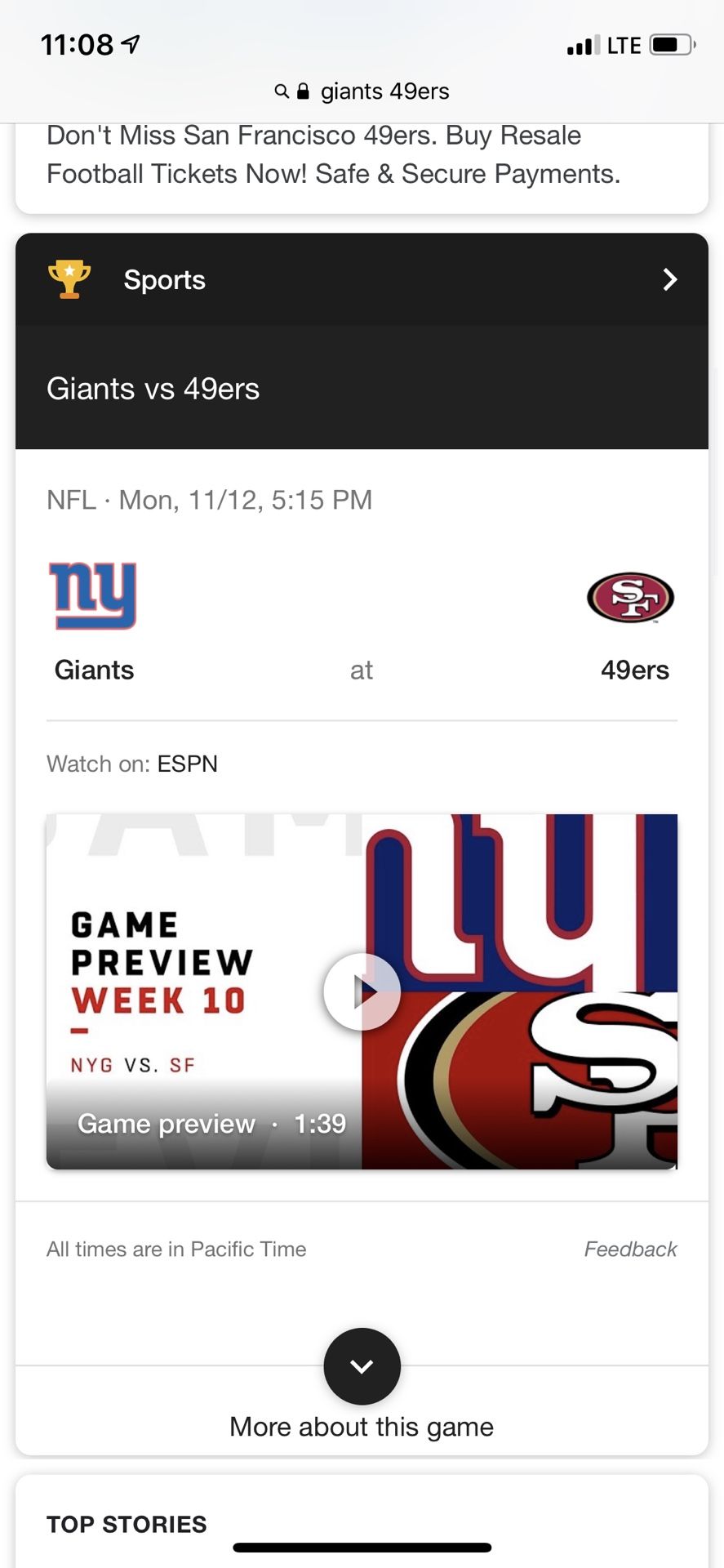 Monday night football 49ers and Giants two tickets