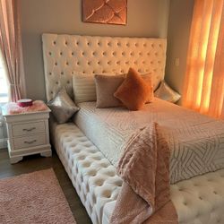 Cream White Velvet Bed, Dresser With Mirror, Long Dresser And Nightstand 