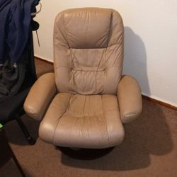 Leather and Cherry Wood Recliner w/Ottoman