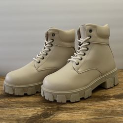 Cream/ Beige Lace Up Platform Boots