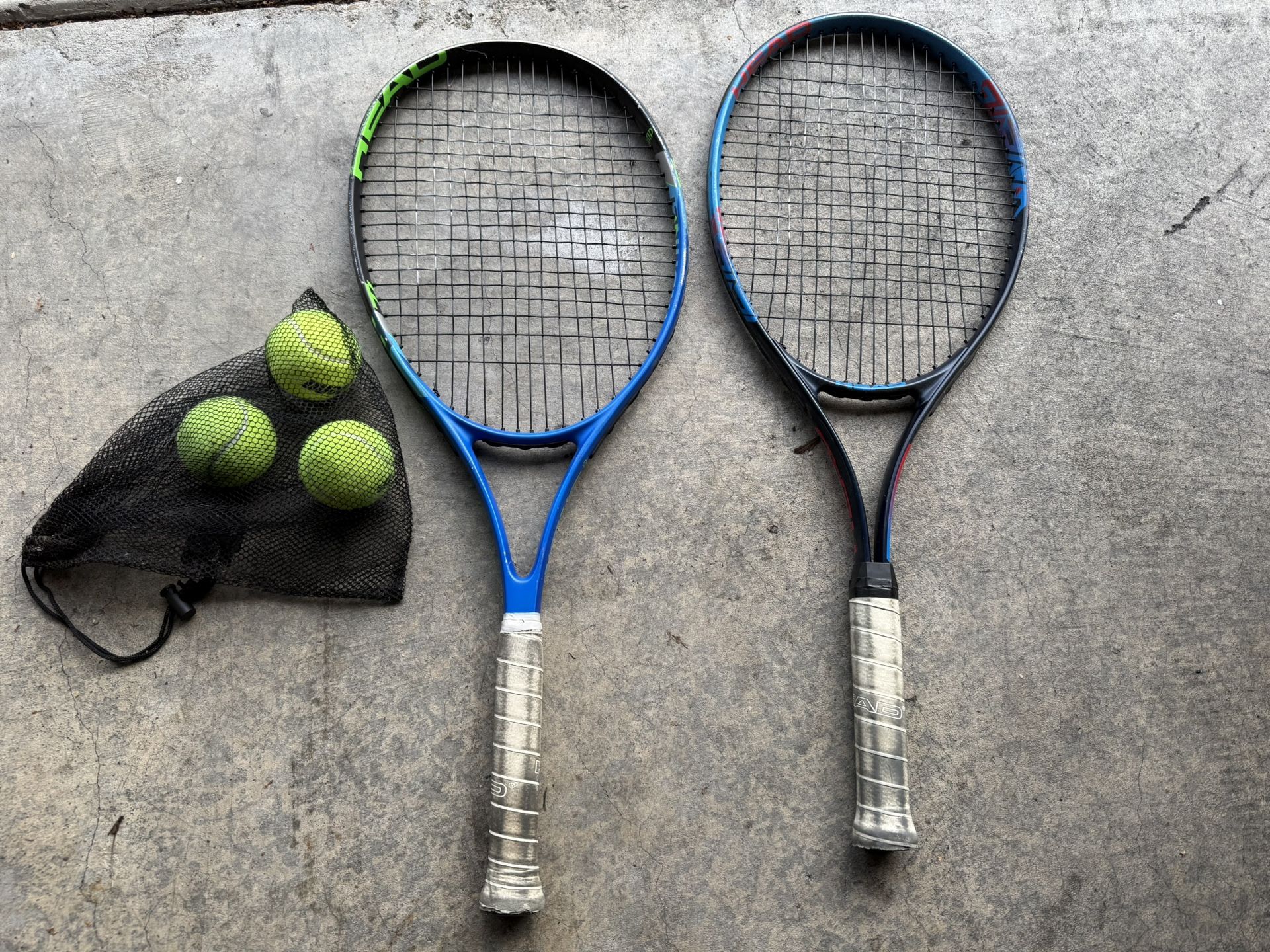 Pair of Used Head Tennis Racquets (Blue/Green & Blue/Red) - Sizes 4-1/8 & 4-3/8 - Includes 3 Balls
