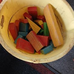 Bucket of Old Wood Building Block Toys