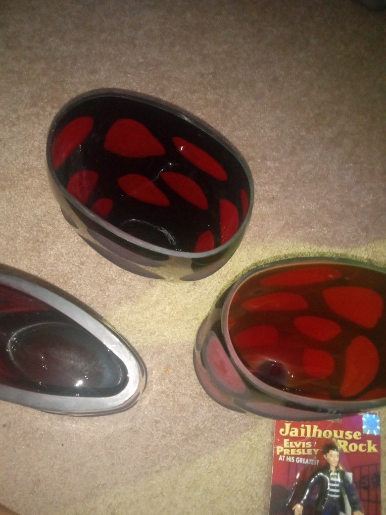 3 Murano Red Art Glass Vases