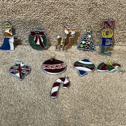 Christmas sun catchers stain glass plastic ornaments window decor lot of 10