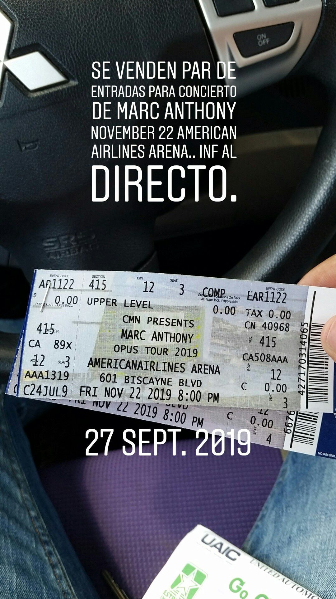 Entradas al concierto d marc anthony area 415 American airlines Arena November 22 ...