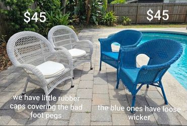 $45 your choice of a pair of white outdoor wicker lounge chairs or electric blue patio chair