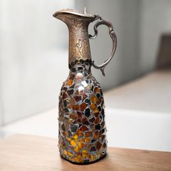 Montage Mosaic Glass & Metal Pitcher Ewer Decorative Amber Brown